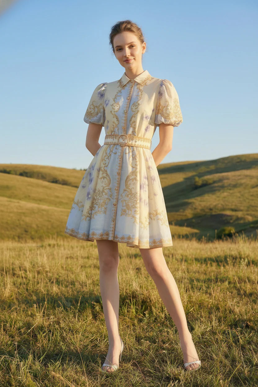 Floral Button Down Belted Mini Dress- Blue/Ivory