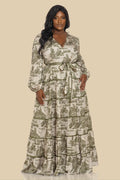 Plus Size 5 Tiered Maxi Dress- Beige/Olive