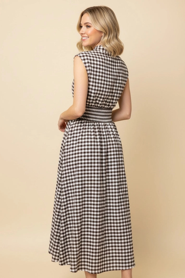 Gingham Zip-Front Smocked Waist Maxi Dress- Brown