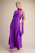 Mock Neck One Shoulder Sleeveless Satin Maxi Dress