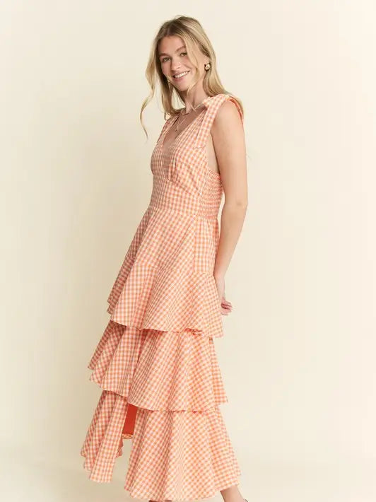 Gingham Tiered Midi Dress- Orange