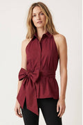 Sleeveless Collared Waist Tie Top- Maroon