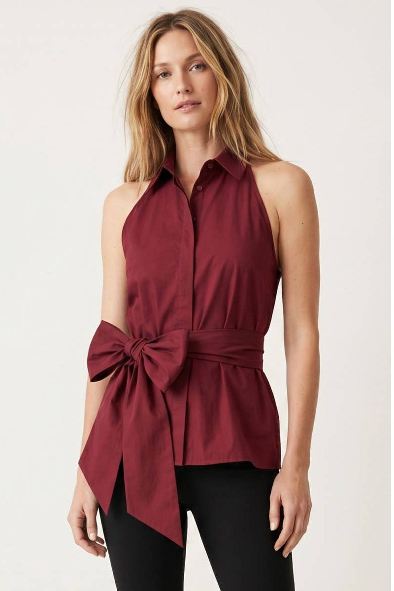 Sleeveless Collared Waist Tie Top- Maroon