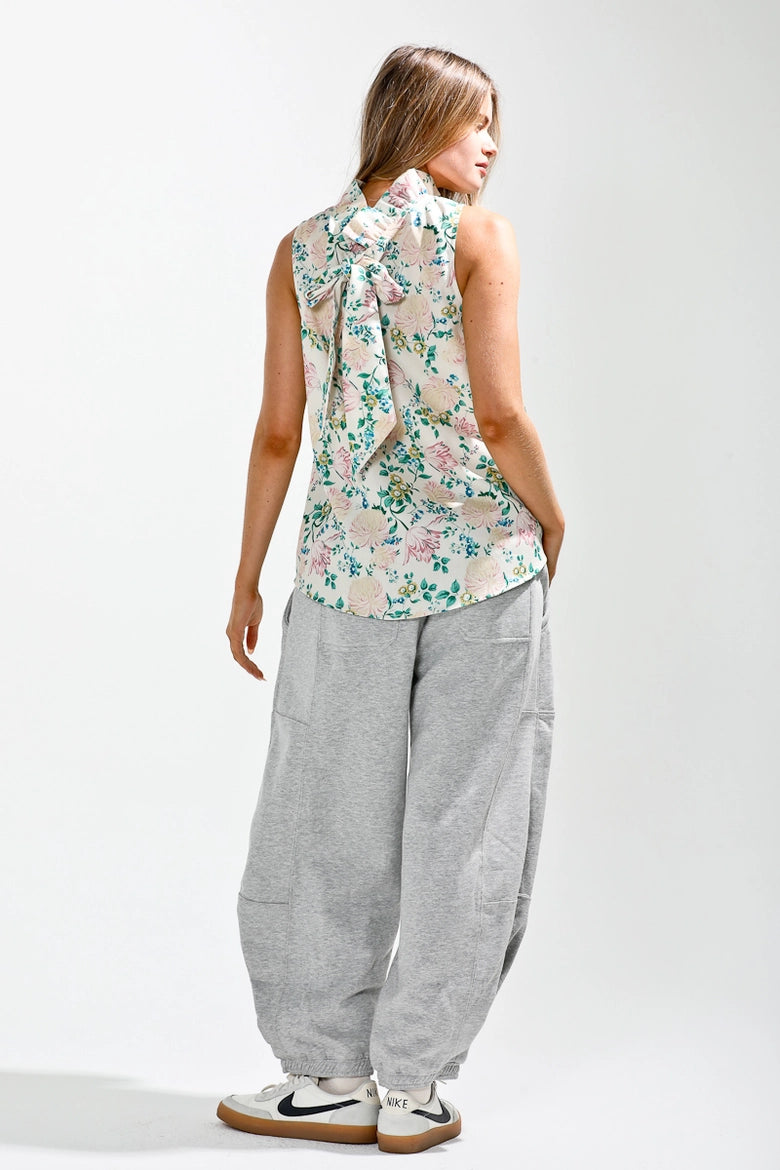 Ruffle High Neck Flower Printed Sleeveless Top- Cream