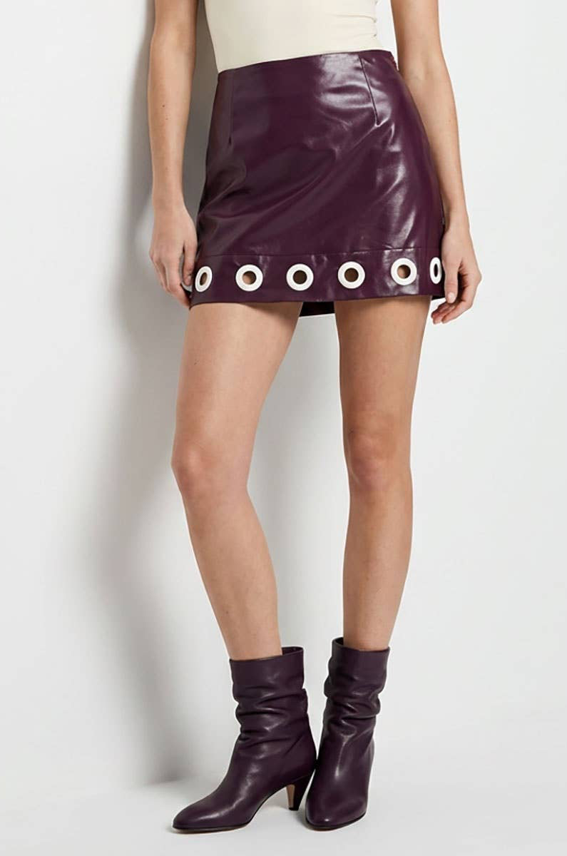 Vegan Leather Grommet Hem Skort- Wine