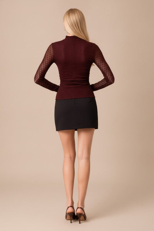 Rhinestone Knit Lace Top- Burgundy