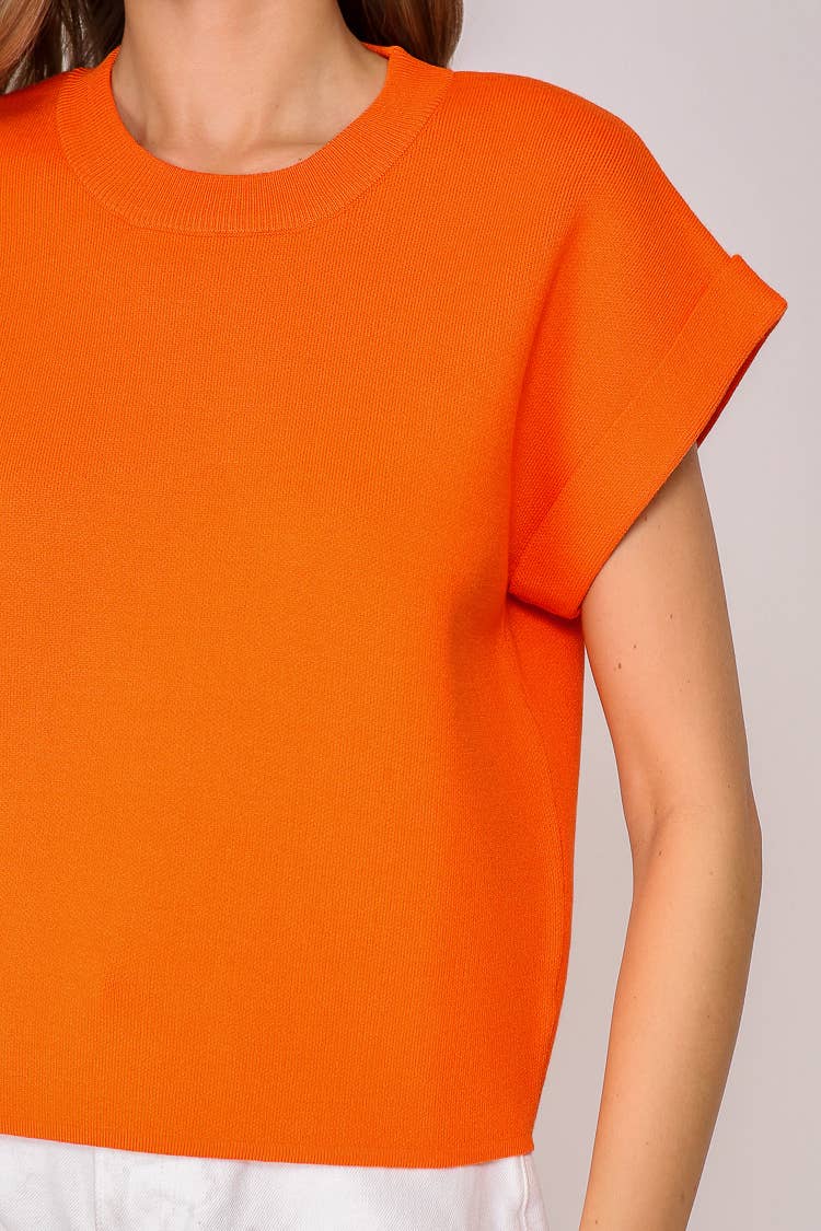 Sweater Top With Rolled Up Sleeves- Orange