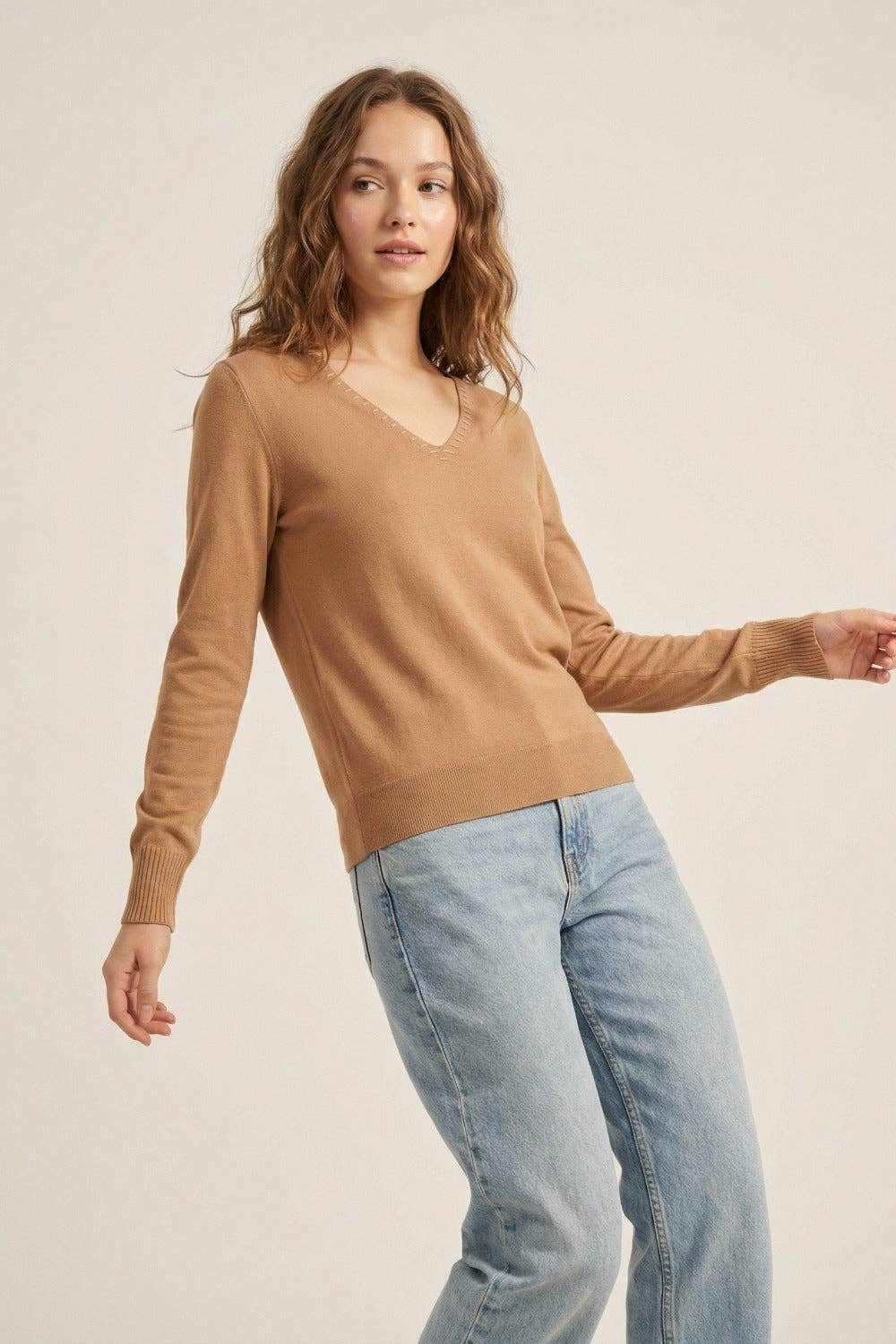 Knit V-Neck Sweater- Tan
