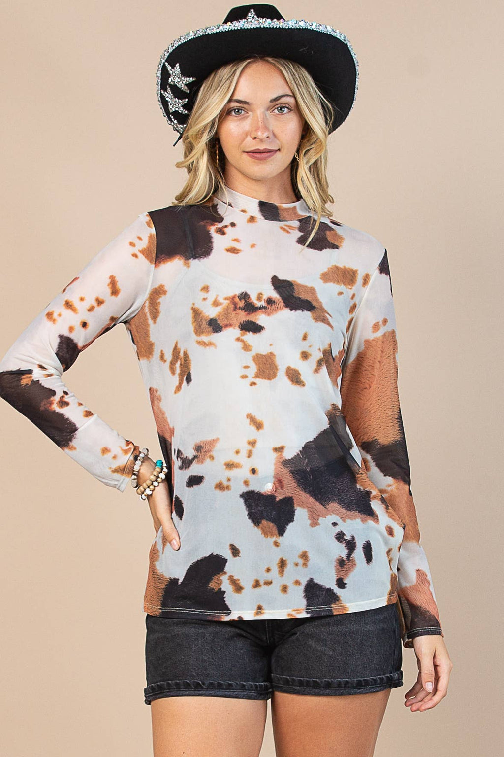 Cow Print Semi Sheer Long Sleeve Mock Neck Mesh Top