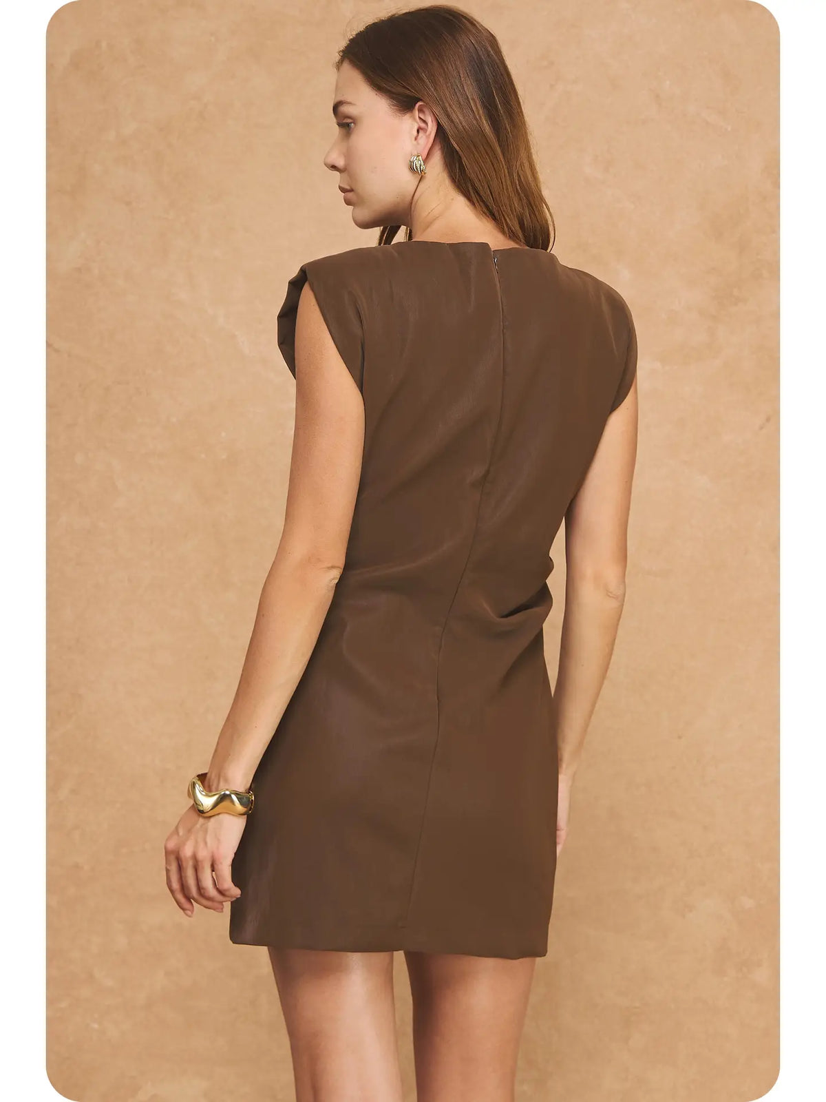 Ruched Faux Leather Mini Dress- Brown