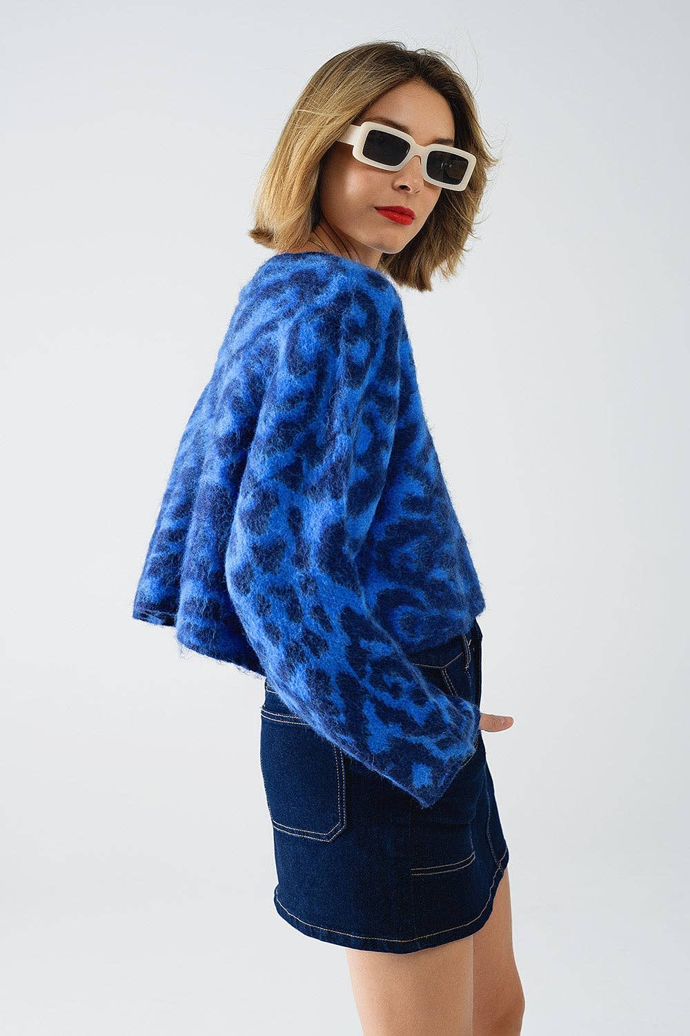 Leopard Print Wool Sweater- Blue