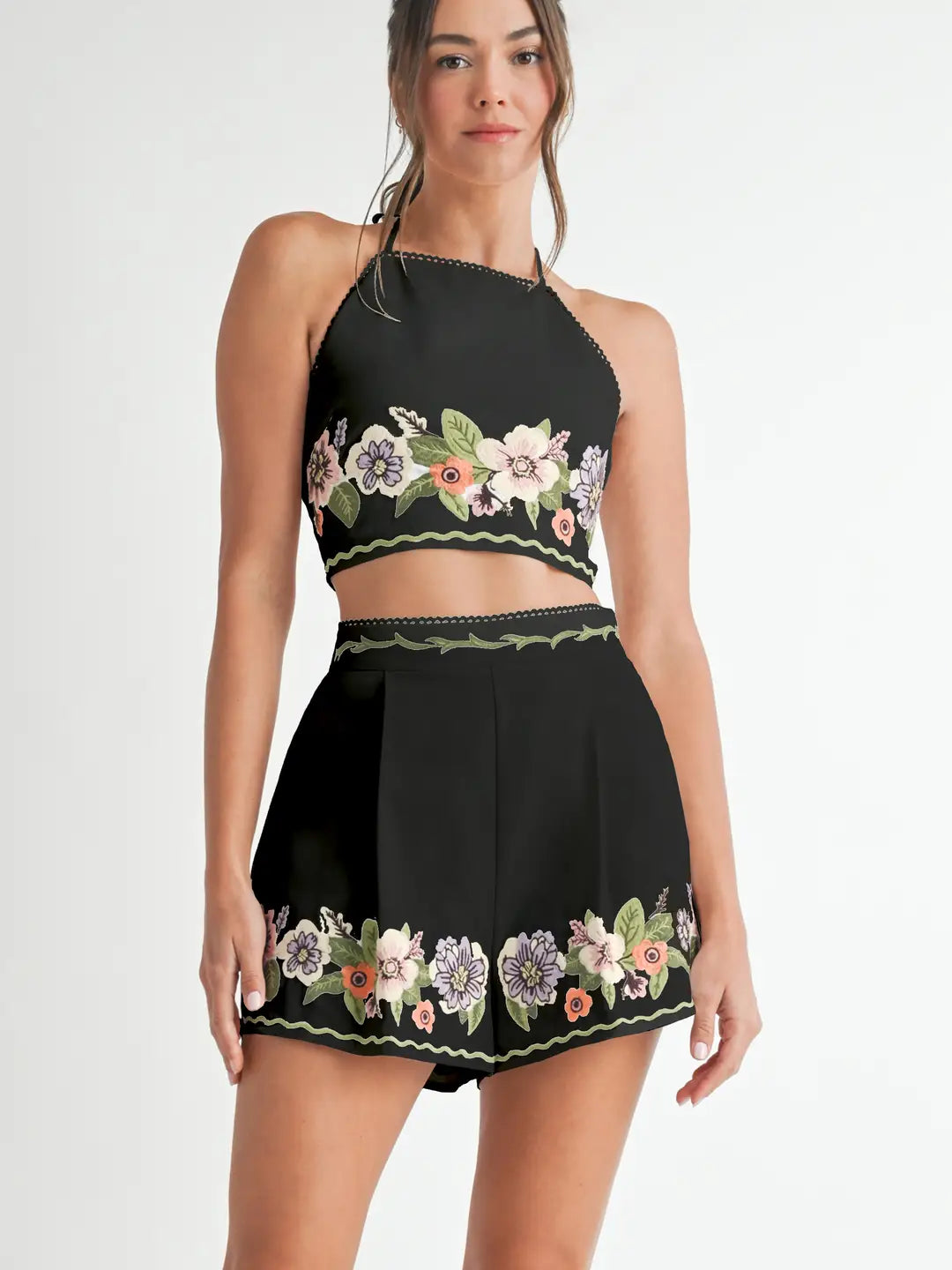 Embroidered Top and Short Set- Black