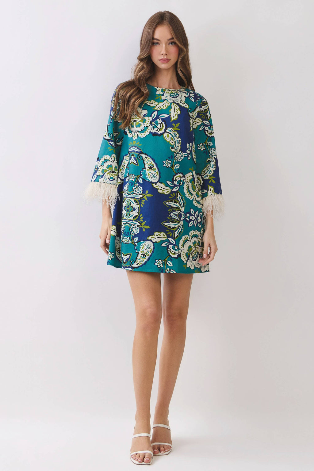 Floral Print Feather Trim Detail Mini Dress- Blue