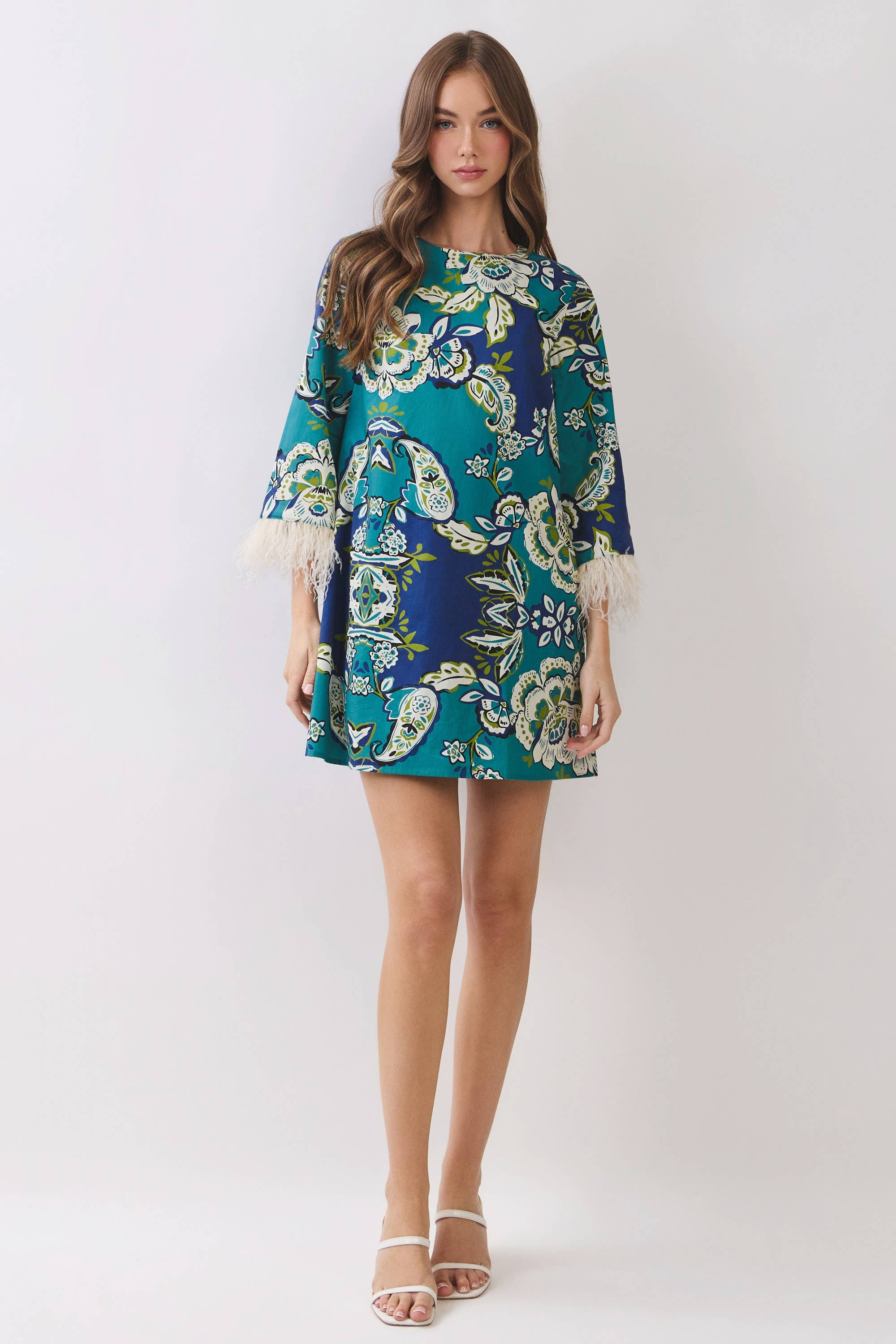 Floral Print Feather Trim Detail Mini Dress- Blue