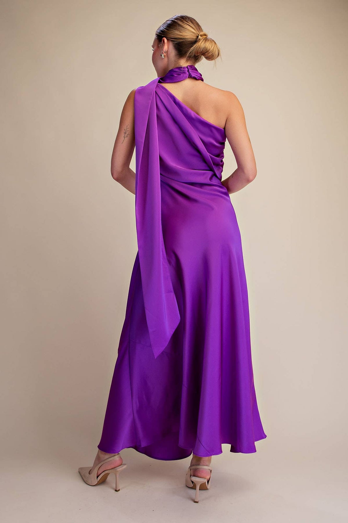 Mock Neck One Shoulder Sleeveless Satin Maxi Dress