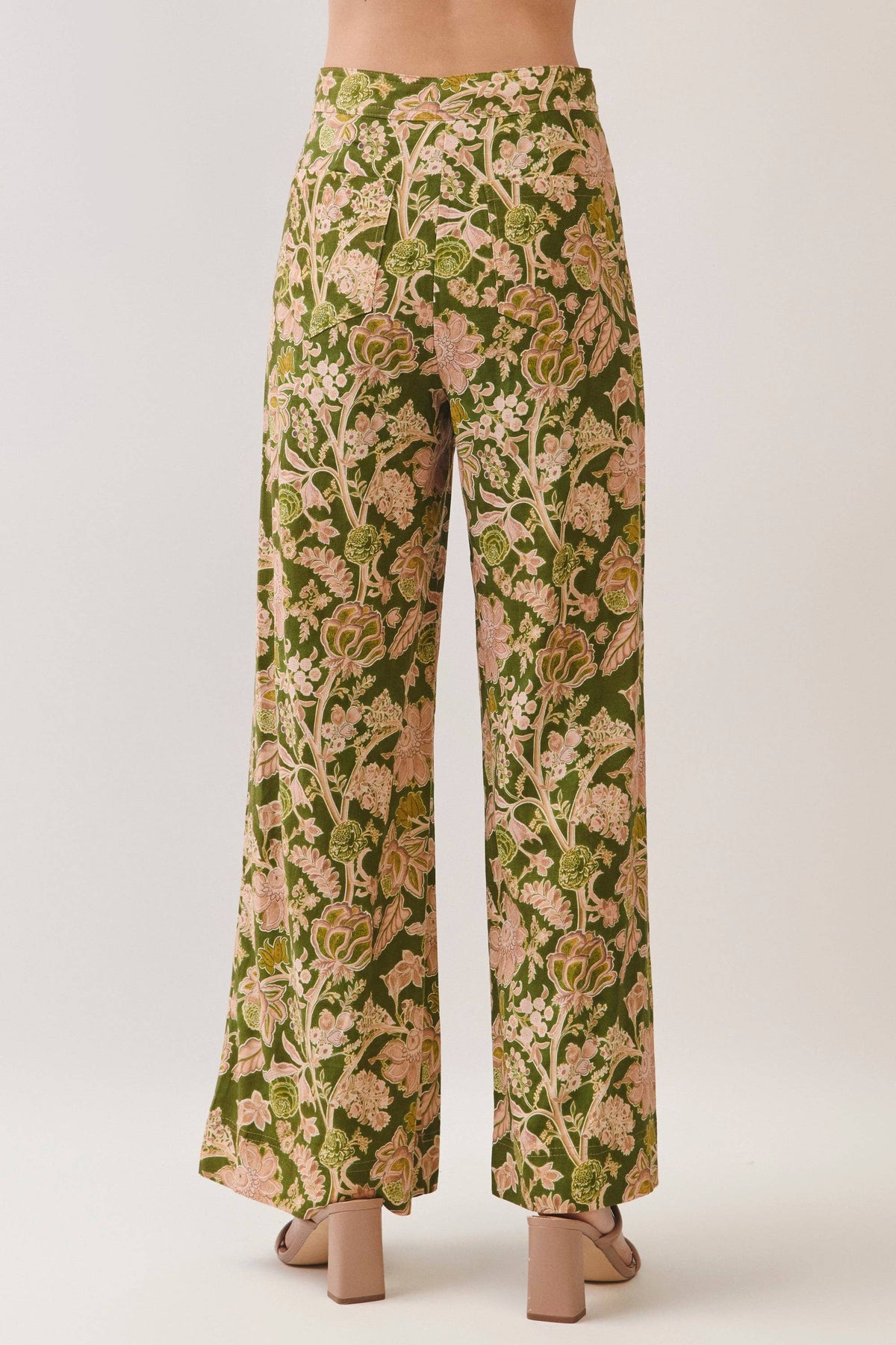 Floral Print Wide Leg Long Pants- Green