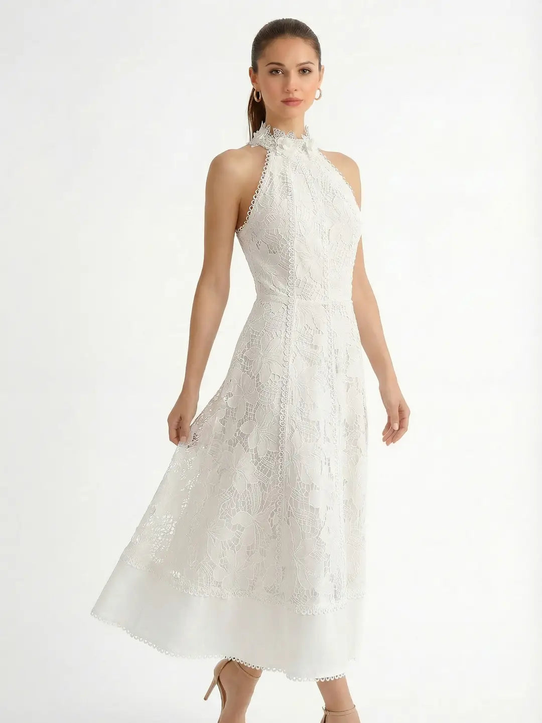 Elegant Lace Midi Dress- White