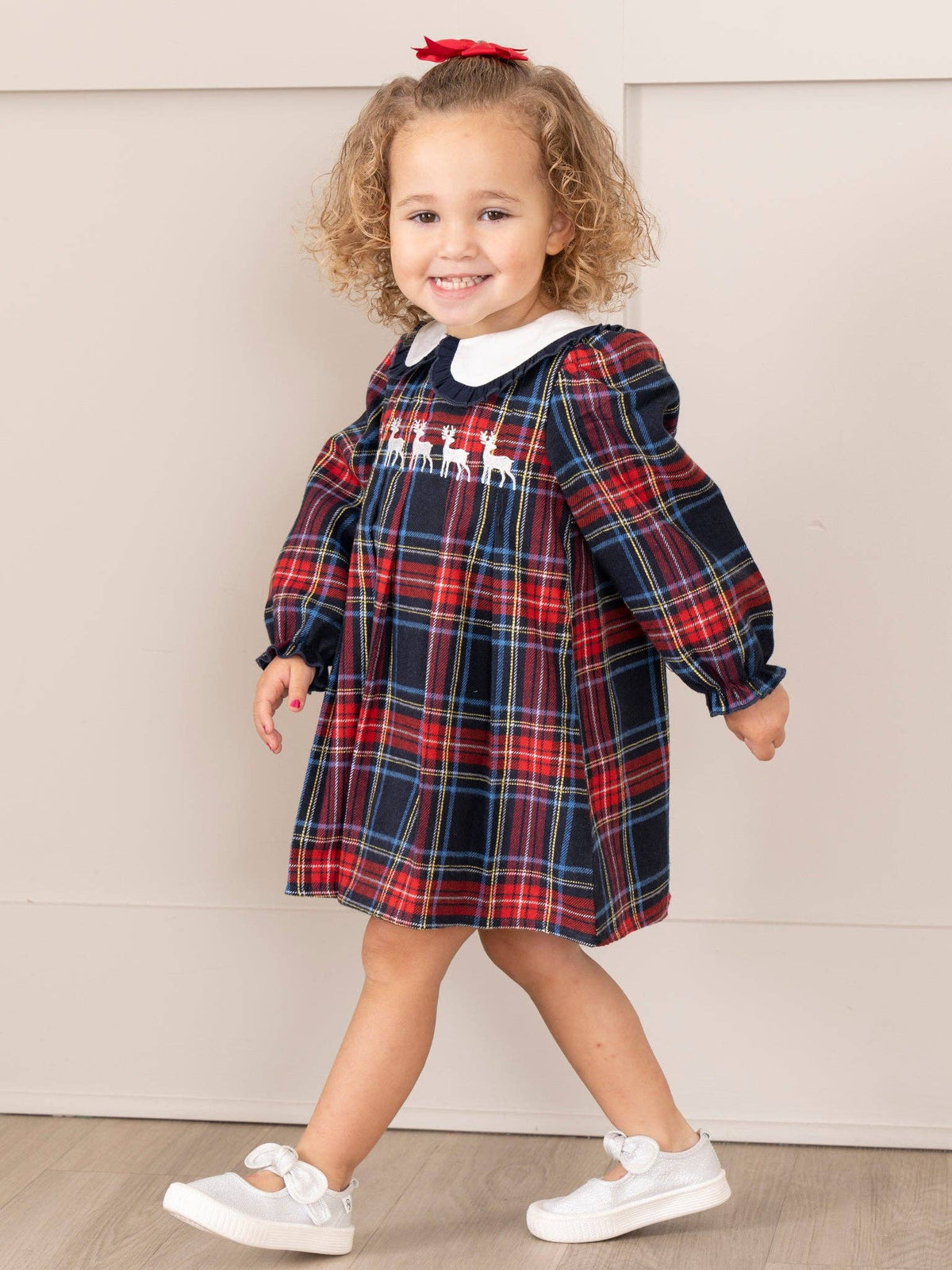 Christmas Reindeer Plaid Dress- Red/Blue