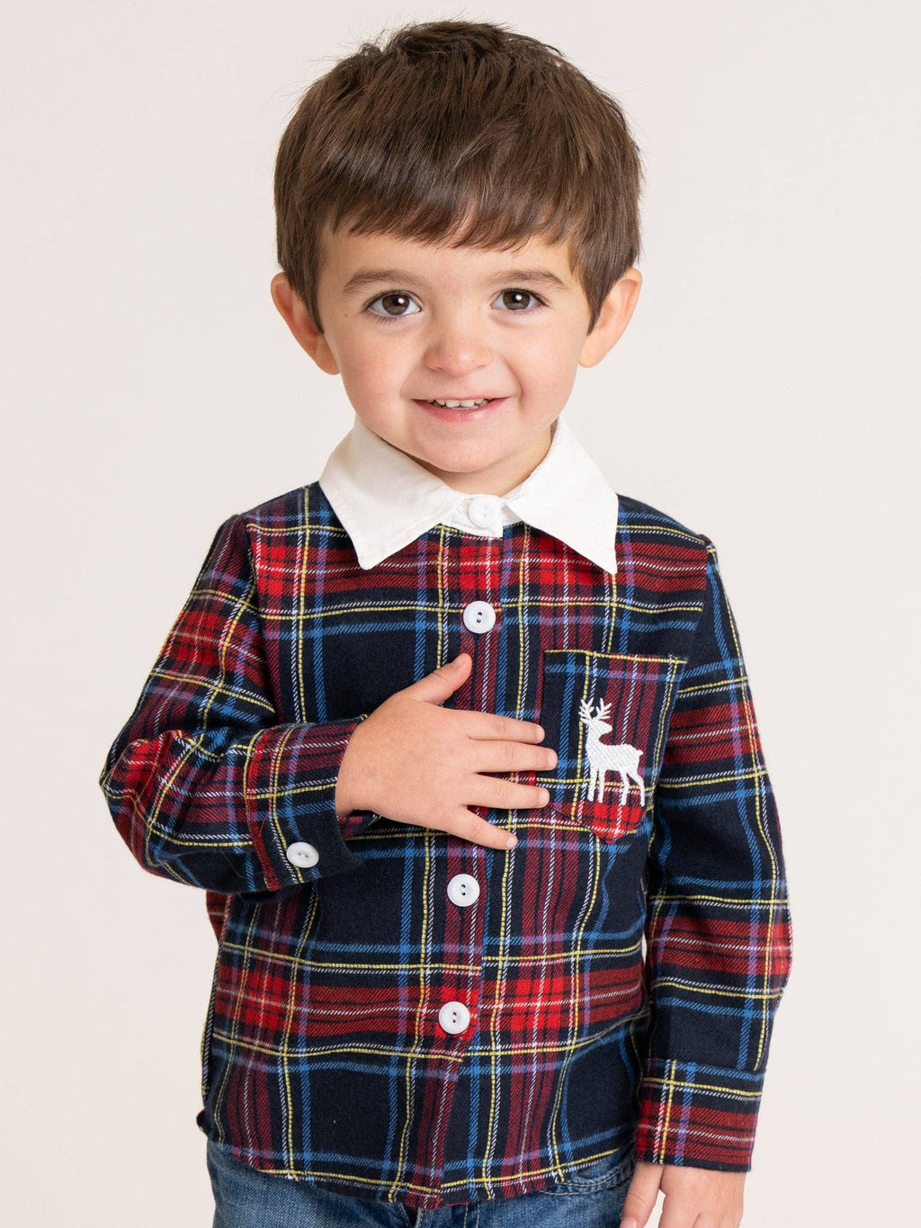 Christmas Reindeer Plaid Button-Up Shirt- Red/Blue