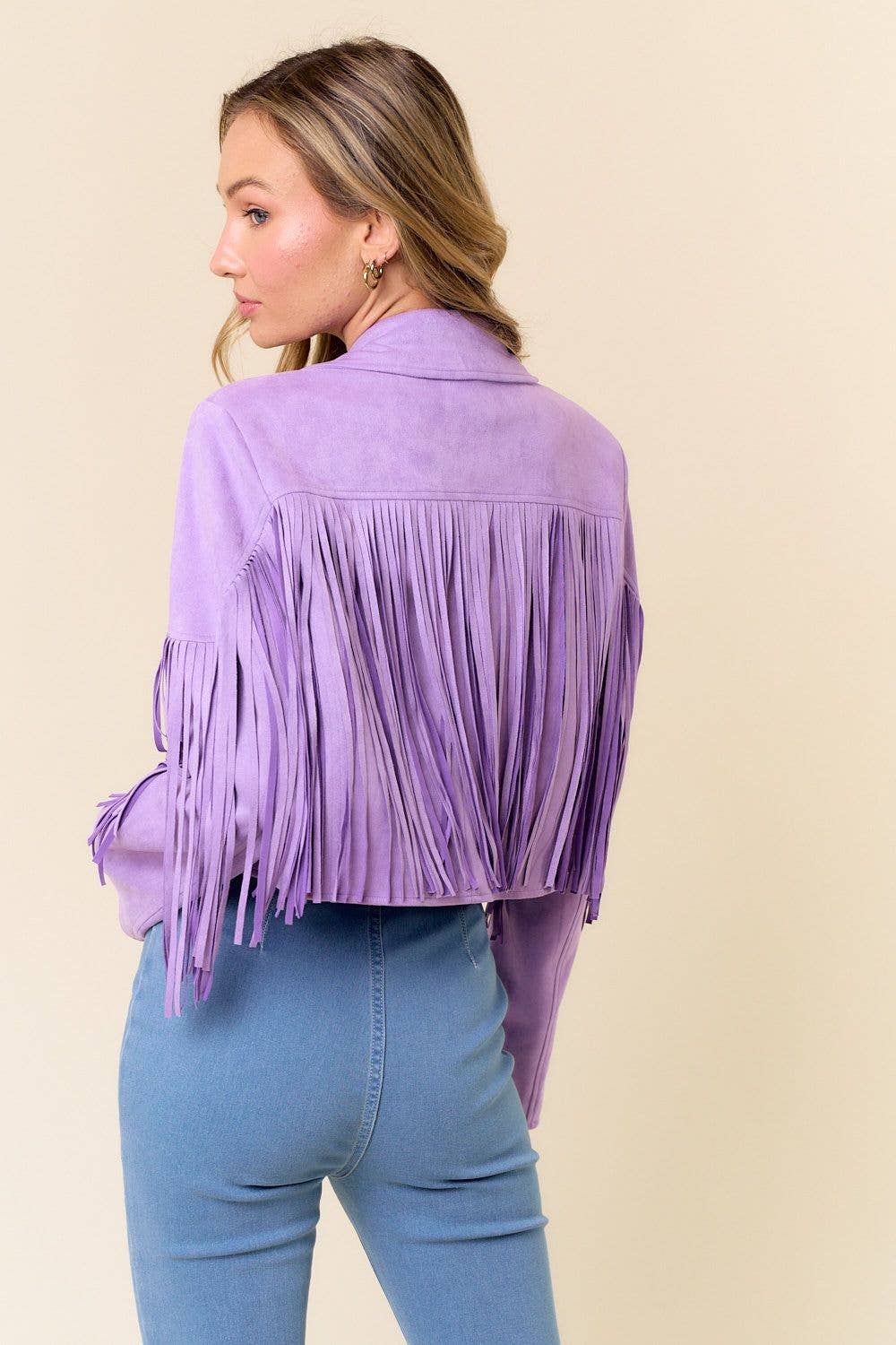 Faux Suede Fringed Western Jacket- Purple