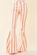 Striped Washed Denim Bell Bottoms- Orange/White