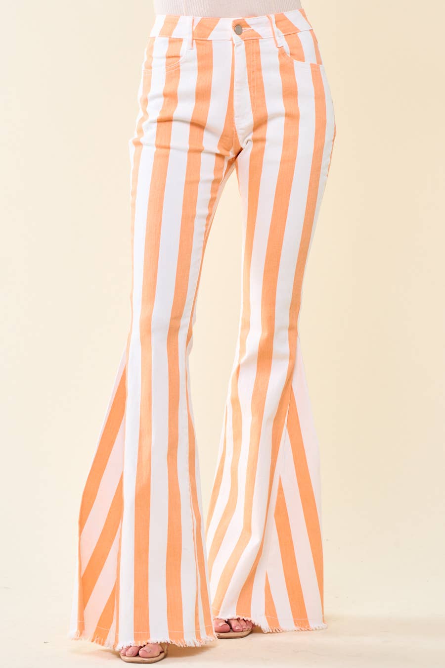 Striped Washed Denim Bell Bottoms- Orange/White