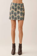Peacock Feather Print Mini Skirt- Navy