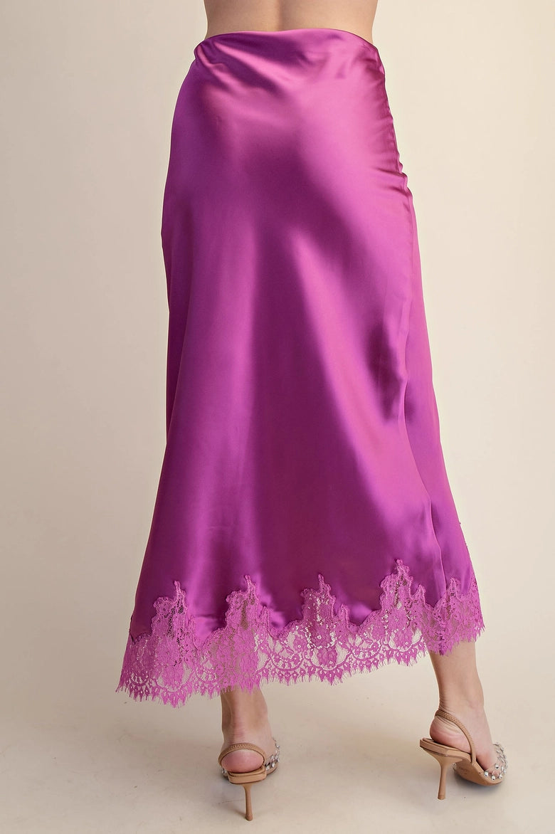 Elegant High Waist Midi Lace Satin Skirt- Purple