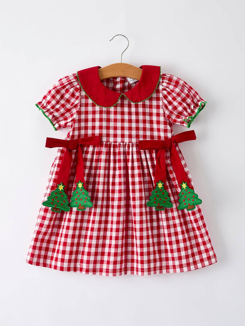 Christmas Plaid Dress with Tree Bow Accents- Red