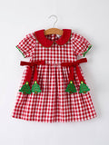 Christmas Plaid Dress with Tree Bow Accents- Red
