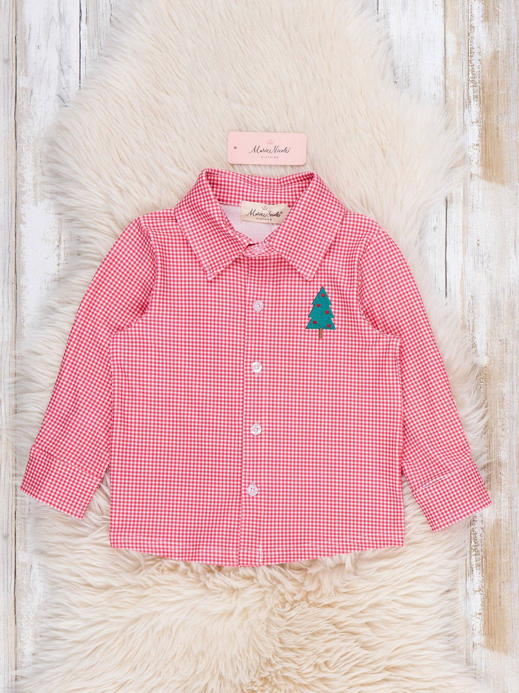 Christmas Tree Embroidered Button-Up Shirt- Red