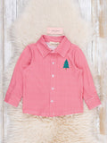 Christmas Tree Embroidered Button-Up Shirt- Red