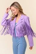 Faux Suede Fringed Western Jacket- Purple