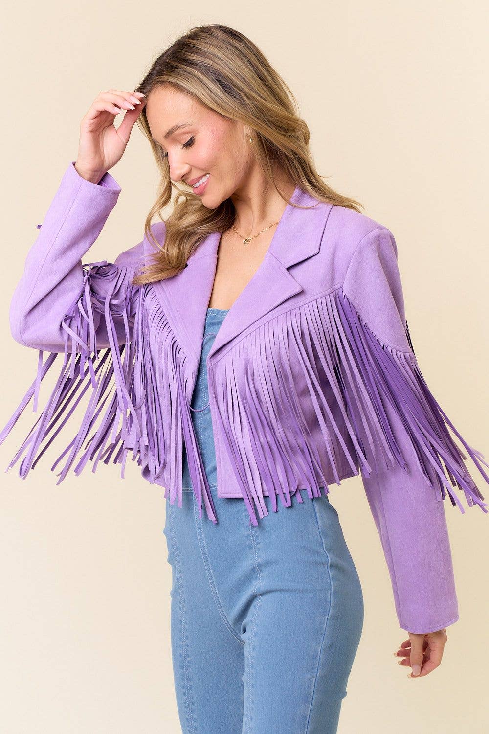 Faux Suede Fringed Western Jacket- Purple
