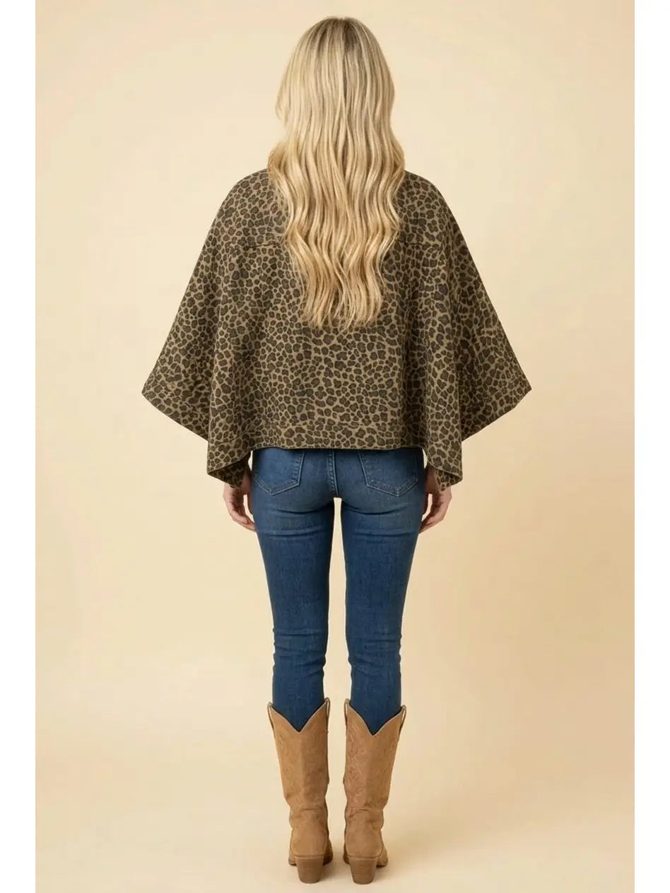 Plus Size Leopard Print Corduroy Collar Denim Jacket