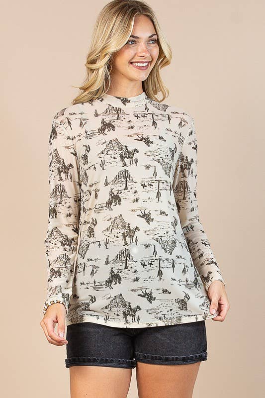 Wild West Print Semi Sheer Long Sleeve Mock Neck Mesh Top