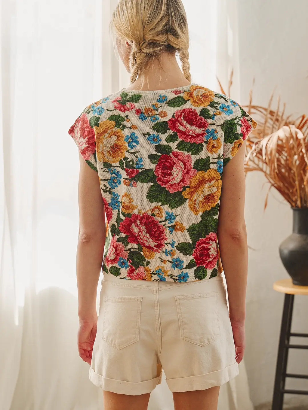 Floral Tapestry Button Knit Top