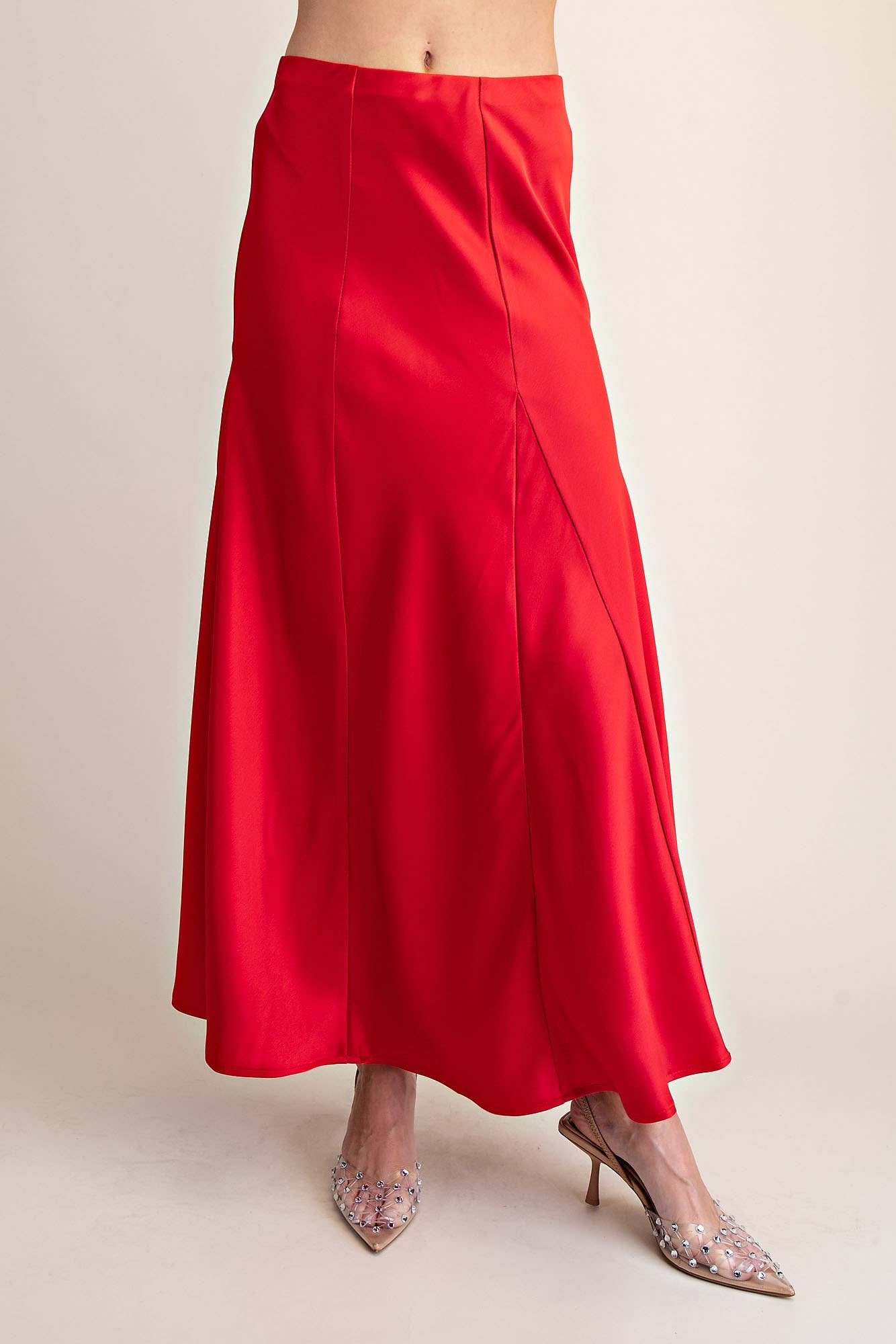 Fitted & Flare Mermaid Silhouette Satin Midi Skirt- Red