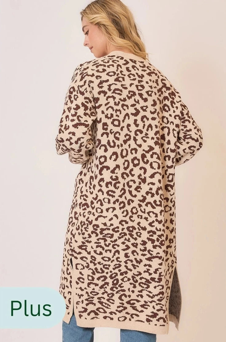 Plus Size Leopard Print Knit Open Cardigan