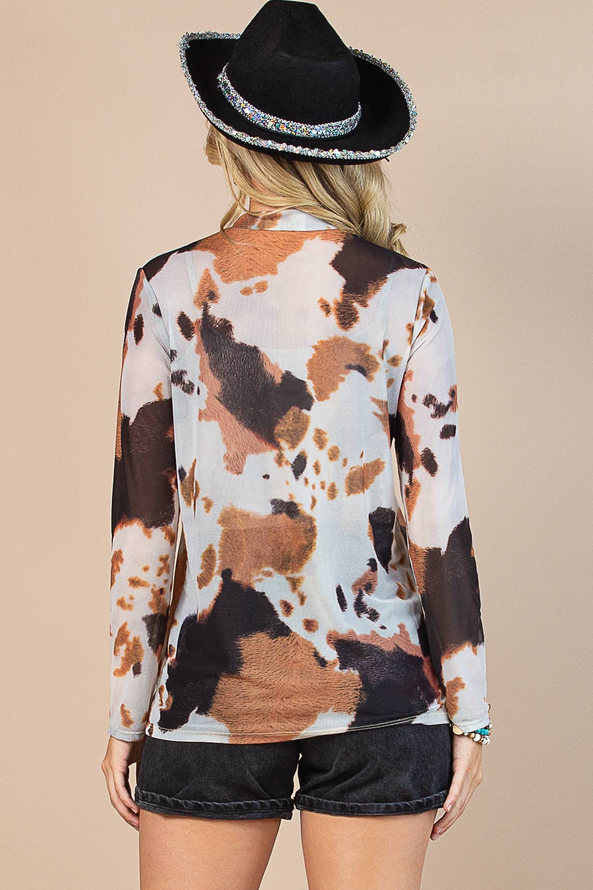Cow Print Semi Sheer Long Sleeve Mock Neck Mesh Top