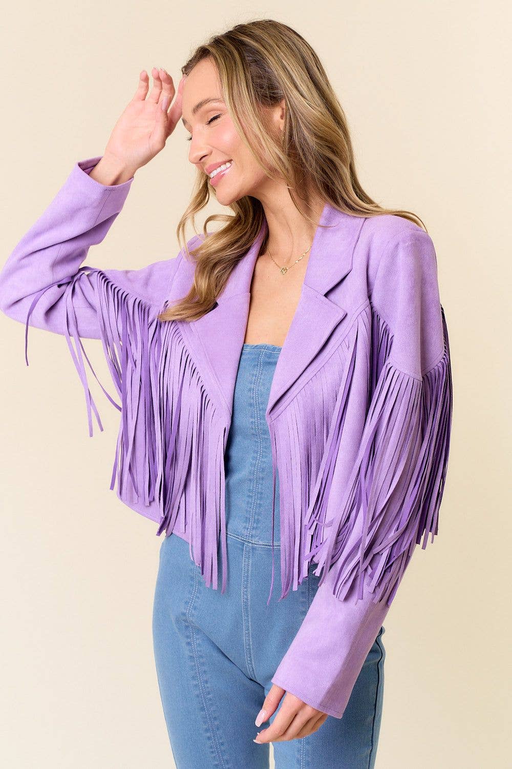 Faux Suede Fringed Western Jacket- Purple