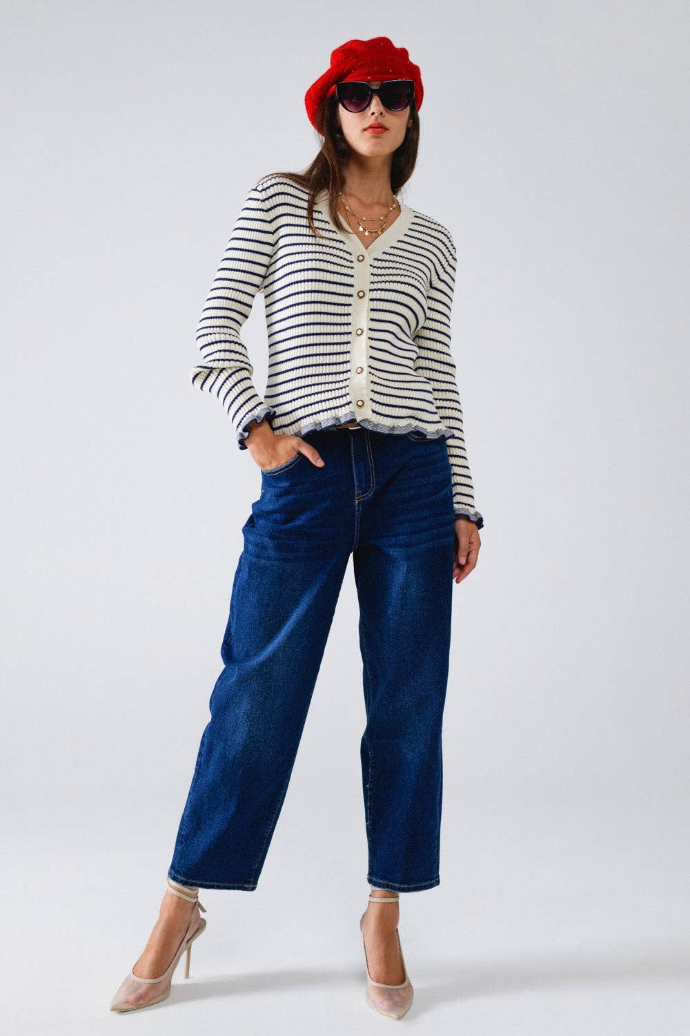 Striped Cardigan with Ruffle Trim- Cream/Blue