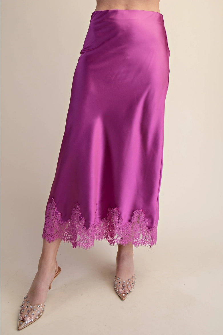 Elegant High Waist Midi Lace Satin Skirt- Purple