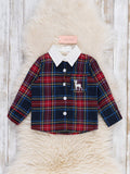 Christmas Reindeer Plaid Button-Up Shirt- Red/Blue