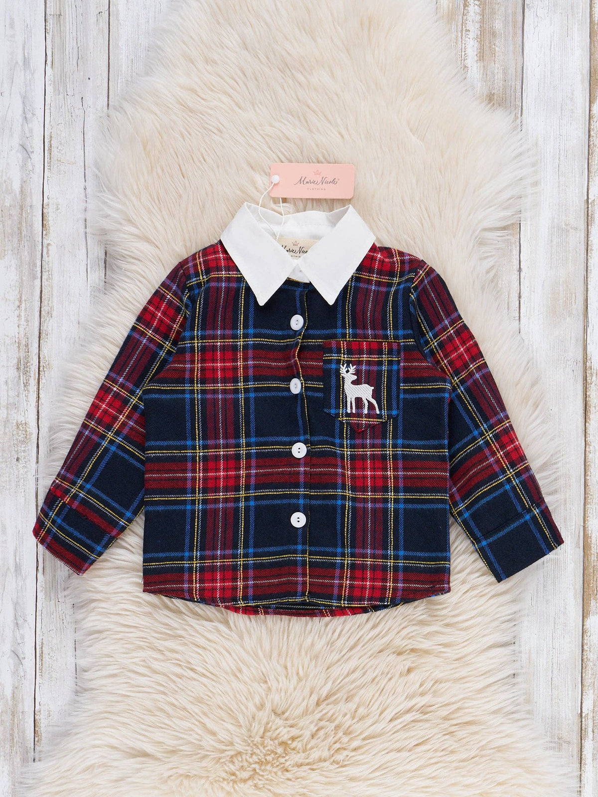 Christmas Reindeer Plaid Button-Up Shirt- Red/Blue