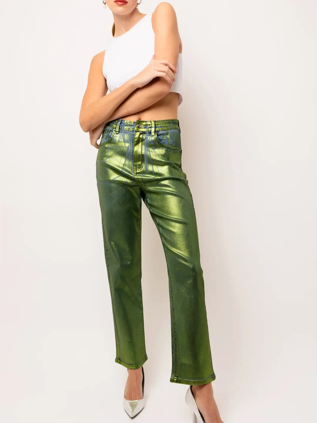 Denim Foil Coated Pants- Green