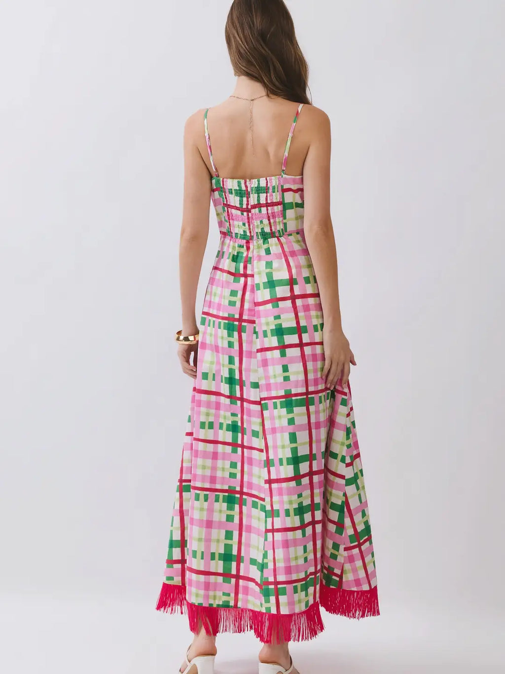 Plaid Contrast Fringe Hem Maxi Dress