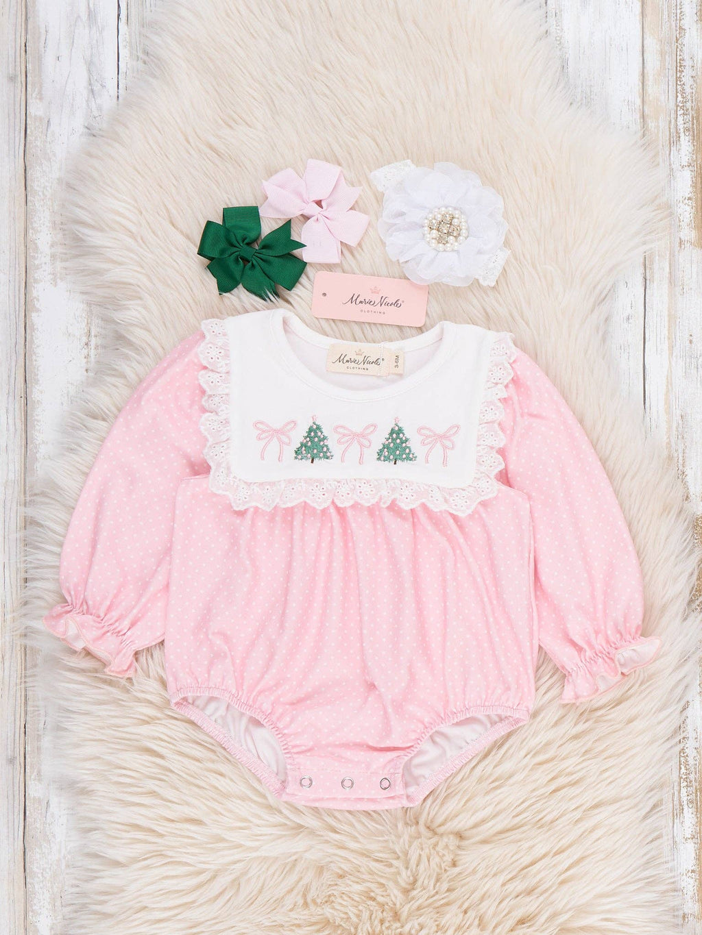 Christmas Tree Bow Embroidered Bubble Romper- Pink/White