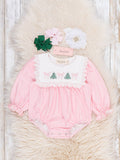 Christmas Tree Bow Embroidered Bubble Romper- Pink/White