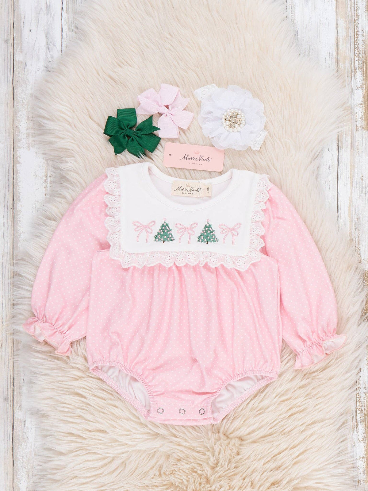 Christmas Tree Bow Embroidered Bubble Romper- Pink/White